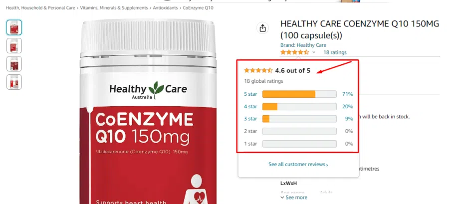 Viên uống Coenzyme Q10 150mg Healthy Care nhận được rất nhiều đánh giá tích cực từ người dùng đã sử dụng sản phẩm trên Amazon. Sản phẩm có điểm đánh giá trung bình là 4.6 điểm. Điều này cho thấy đây là một sản phẩm bán chạy và chất lượng, được nhiều đánh giá.
