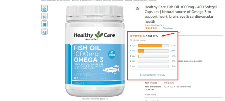 Dầu cá tự nhiên Fish Oil Healthy Care nhận được rất nhiều đánh giá tích cực từ người dùng đã sử dụng sản phẩm trên Amazon. Sản phẩm có điểm đánh giá trung bình là 4.7 điểm. Điều này cho thấy đây là một sản phẩm bán chạy và chất lượng, được nhiều đánh giá.