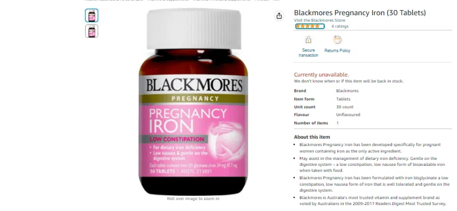 Viên uống Blackmores Pregnancy Iron nhận được rất nhiều đánh giá tích cực từ người dùng đã sử dụng sản phẩm trên Amazon. Sản phẩm có điểm đánh giá trung bình là 5 điểm. Điều này cho thấy đây là một sản phẩm bán chạy và chất lượng, được nhiều đánh giá.