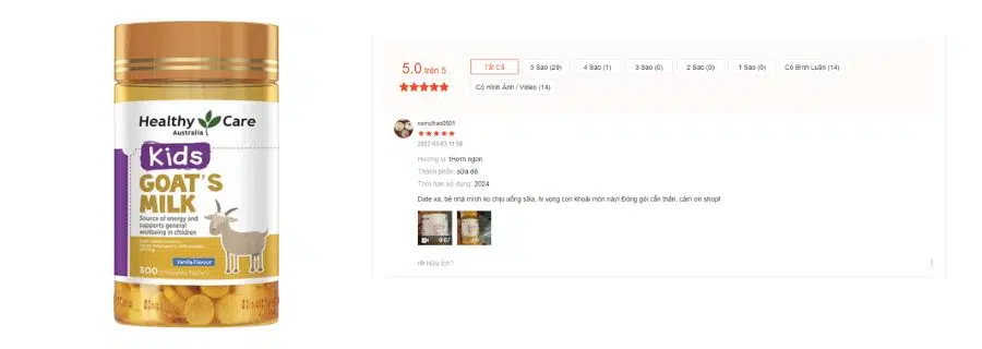 Đánh giá của người dùng về viên Uống Sữa Dê Cô Đặc Healthy Care Goat Milk