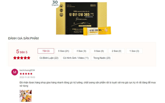 Review Thạch Nghệ Collagen Nano Curcumin Trên trang thương mại điện tử, Thạch Nghệ Collagen Nano Curcumin 365 Vị Xoài được đánh giá với điểm trung bình là 5/5 sao. Điều này cho thấy đây là một sản phẩm chất lượng, hiệu quả với nhiều phản hồi tích cực từ phía khách hàng đã sử dụng.