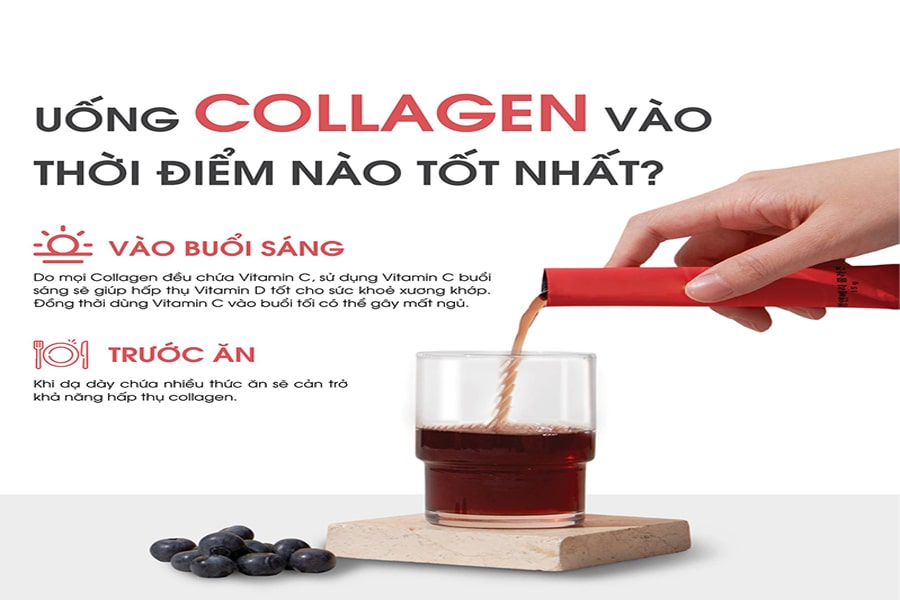 Infographic hướng dẫn uống collagen vào buổi sáng và trước khi ngủ để đạt hiệu quả tối đa