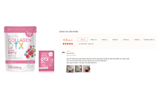 Phản hồi của khách hàng về bột Collagen giảm cân đẹp da Gluta Collagen DTX vị dâu trên trang thương mại điện tử.