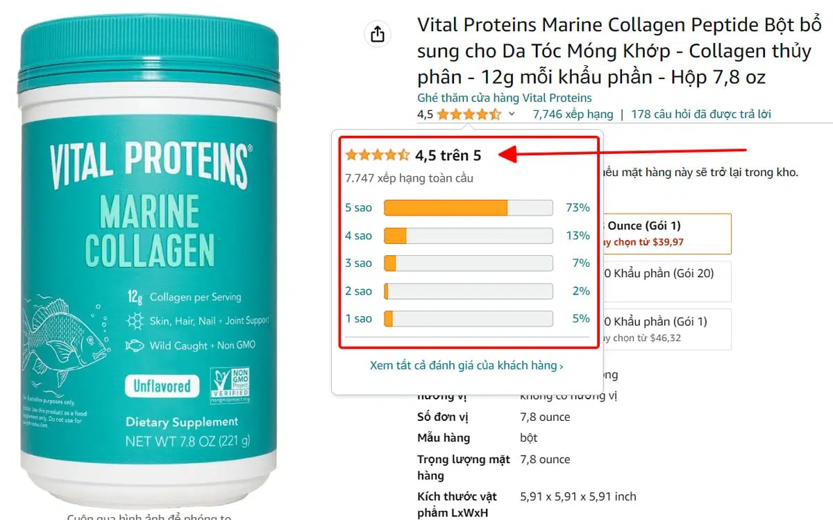 Sản phẩm collagen thủy phân Vital Proteins nhận được rất nhiều đánh giá tích cực