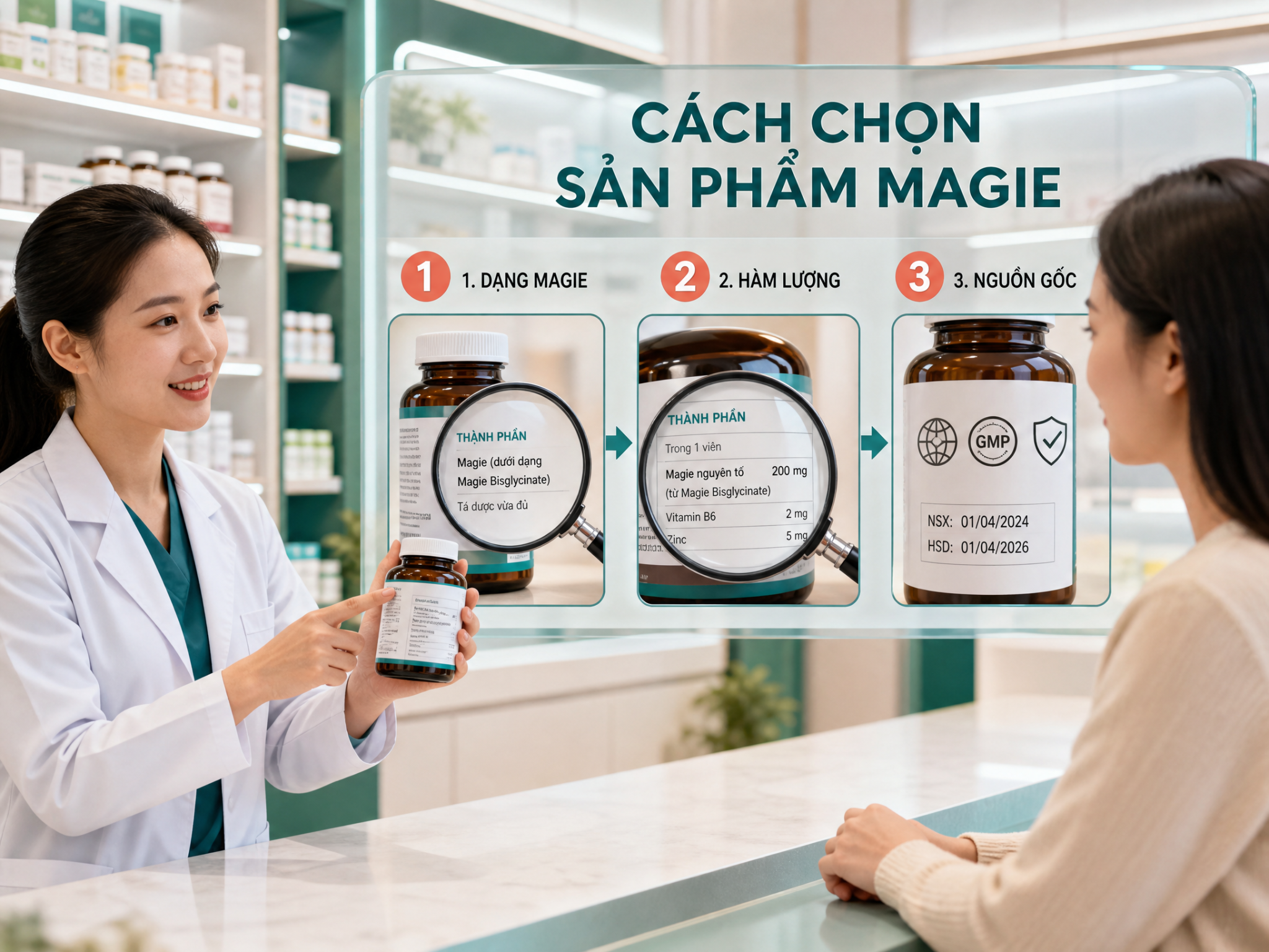 Hướng dẫn cách chọn sản phẩm magie chất lượng theo 3 tiêu chí: dạng magie, hàm lượng và nguồn gốc Dược sĩ hướng dẫn cách chọn sản phẩm magie theo dạng magie, hàm lượng và nguồn gốc xuất xứ