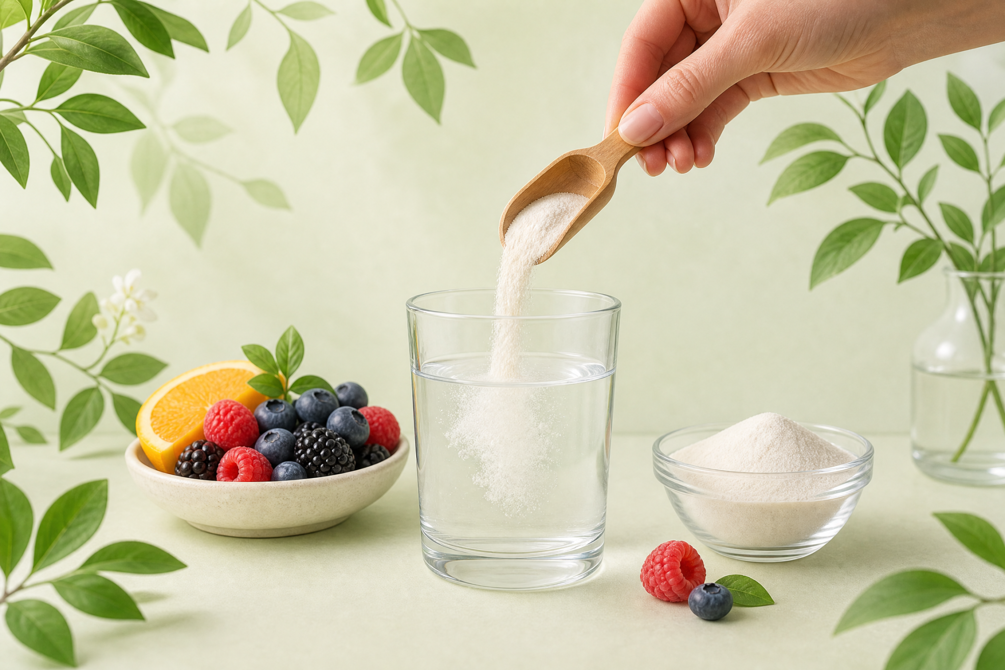 Collagen bột hòa tan pha cùng nước và trái cây giàu vitamin C