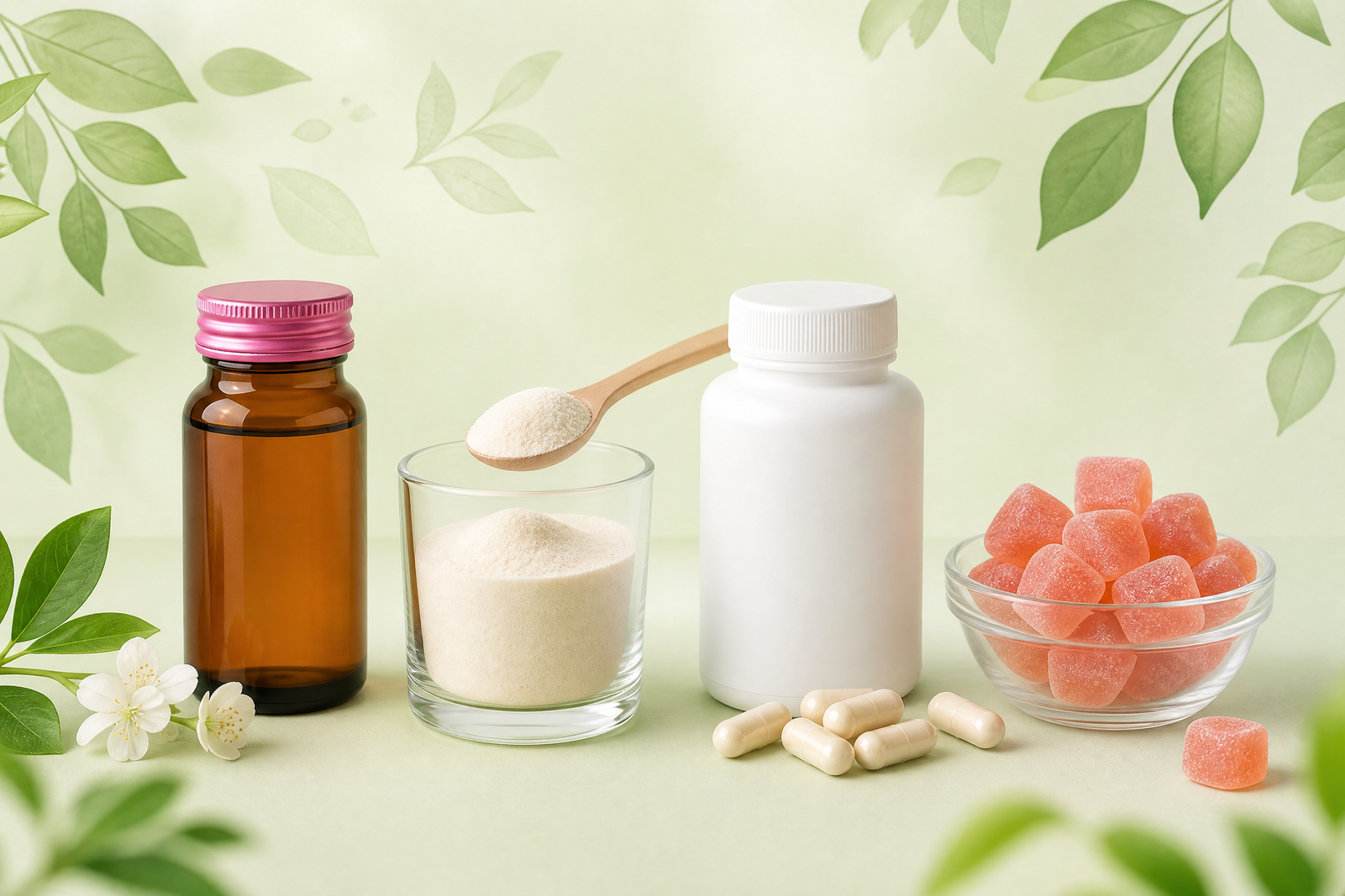 Các dạng collagen bổ sung - nước, bột, viên, gummies So sánh các dạng collagen: nước, bột hòa tan, viên nang và gummies