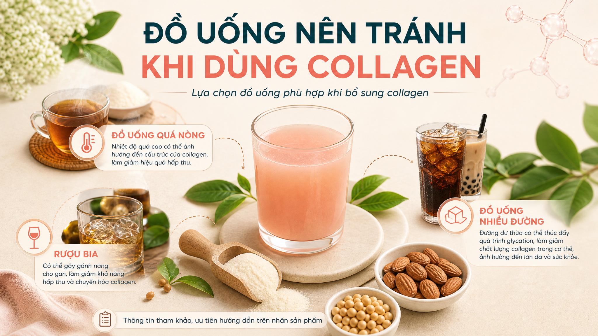 Đồ uống nên tránh khi dùng collagen - rượu bia, đồ ngọt, nước quá nóng Các loại đồ uống cần tránh khi bổ sung collagen để không giảm hiệu quả