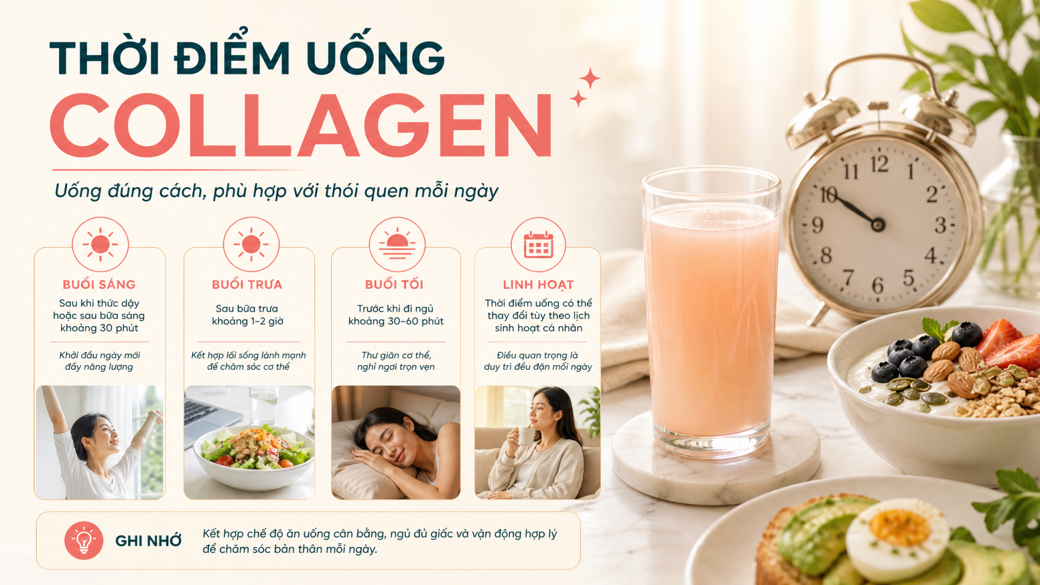 Collagen tác dụng với làn da - thời điểm uống collagen hiệu quả Thời điểm uống collagen tốt nhất để phát huy tác dụng với làn da