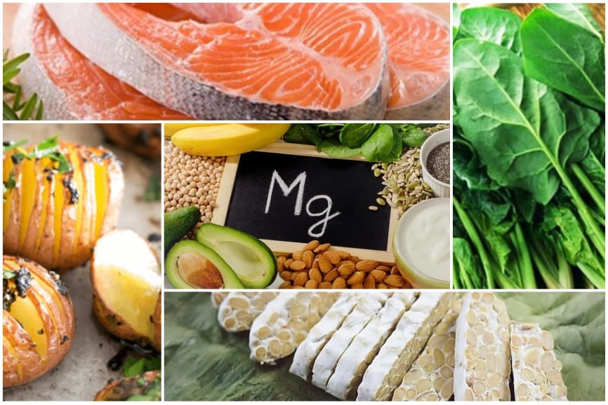 Thực phẩm chứa nhiều magie tốt cho sức khỏe Các thực phẩm giàu magie gồm cá hồi, rau xanh, hạt, bơ và ngũ cốc